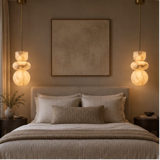 Pair of Alverra alabaster pendants beside a bed