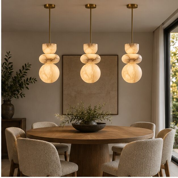 Three Alverra pendants above a round dining table