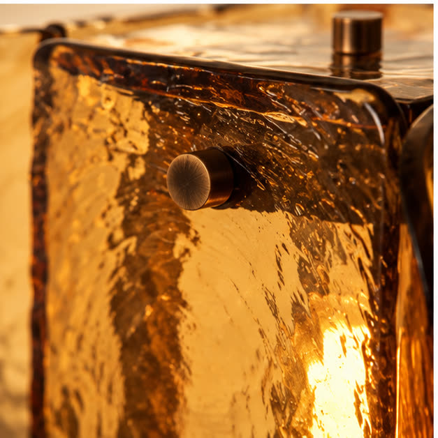 Close view of textured amber glass and dark fixing