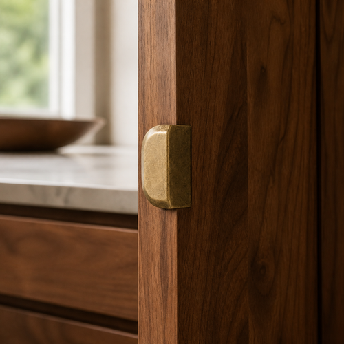 Antique bronze drawer pull fitted to a walnut cabinet