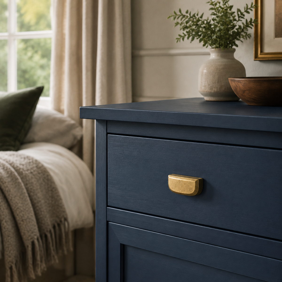 Compact antique bronze drawer pull fitted to a navy dresser