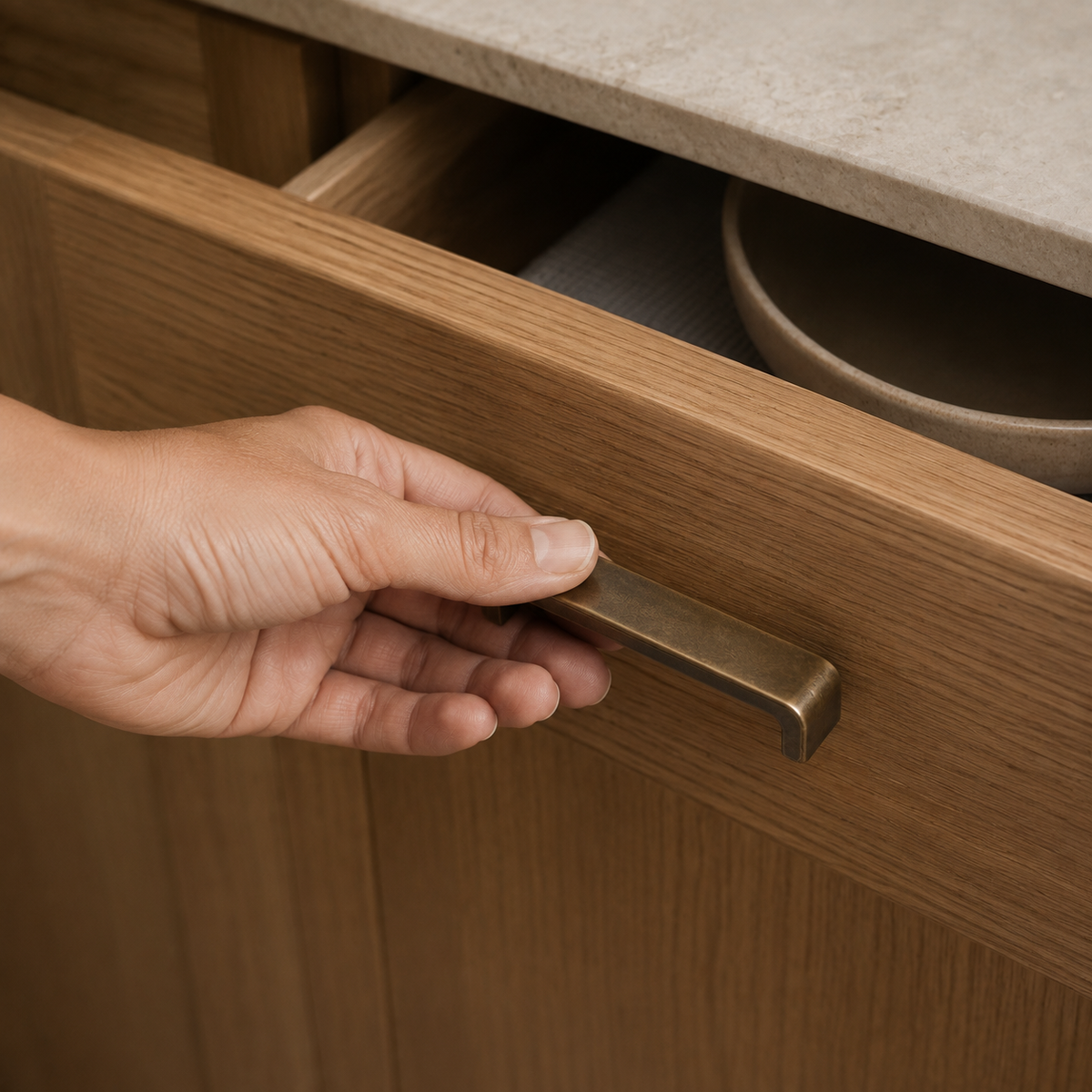 Hand opening an oak drawer with an antique bronze pull