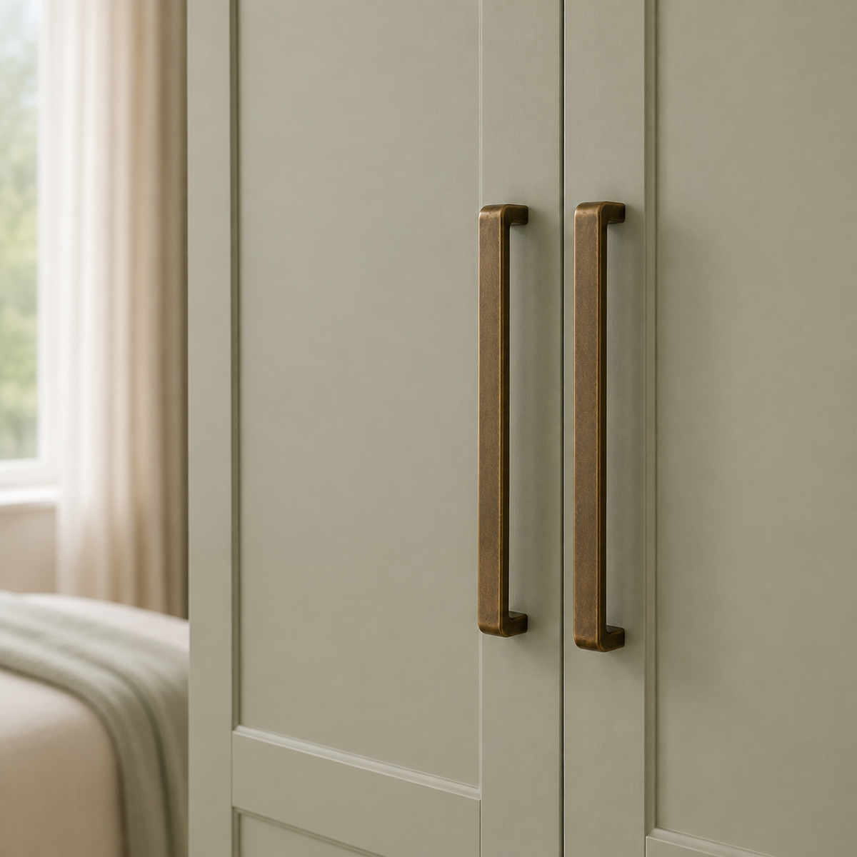 Long antique bronze drawer pulls fitted to a sage wardrobe