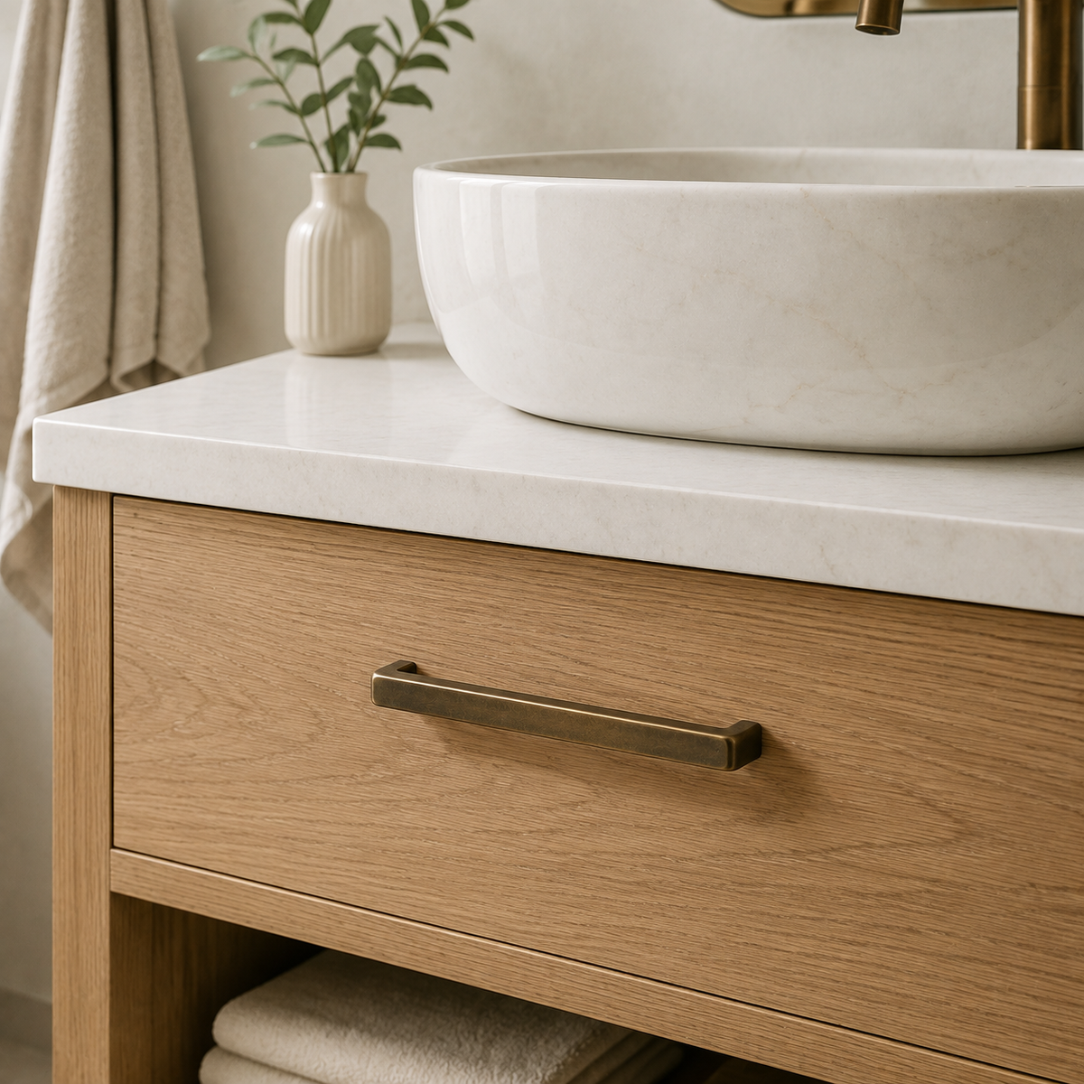 Antique bronze drawer pulls fitted to an oak bathroom vanity