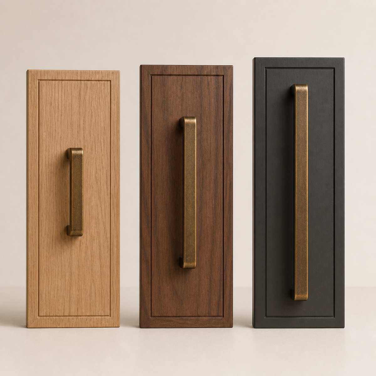 Three antique bronze drawer pull sizes shown on wood samples