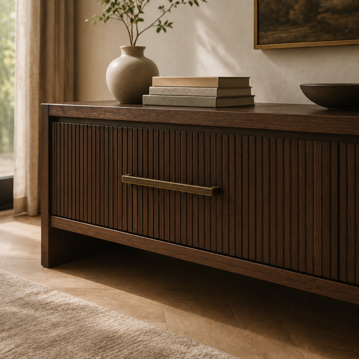 Long antique bronze drawer pull fitted to a fluted walnut sideboard