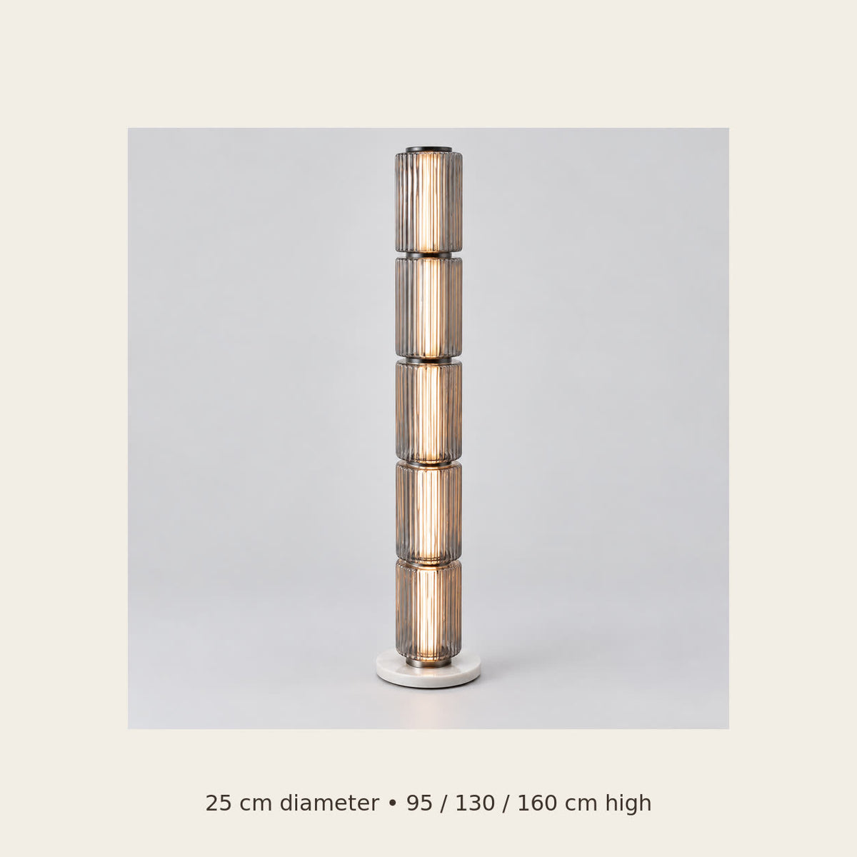 Astra floor lamp dimensions: 25 centimetres diameter and 95, 130 or 160 centimetres high