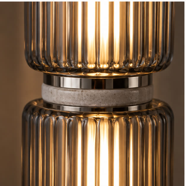 Close view of ribbed smoke glass and nickel joint