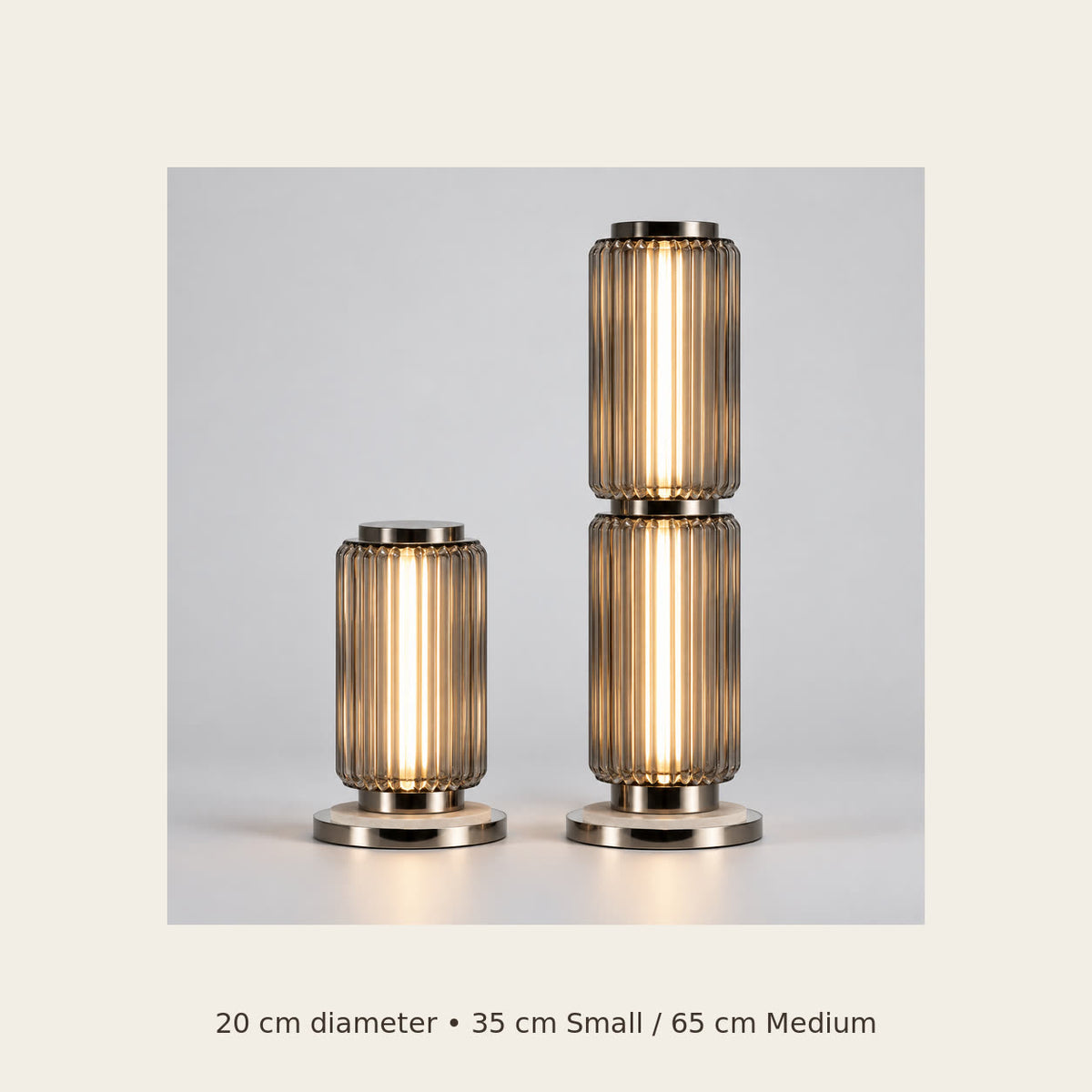 Astra table lamp dimensions: 20 centimetres diameter and 35 or 65 centimetres high