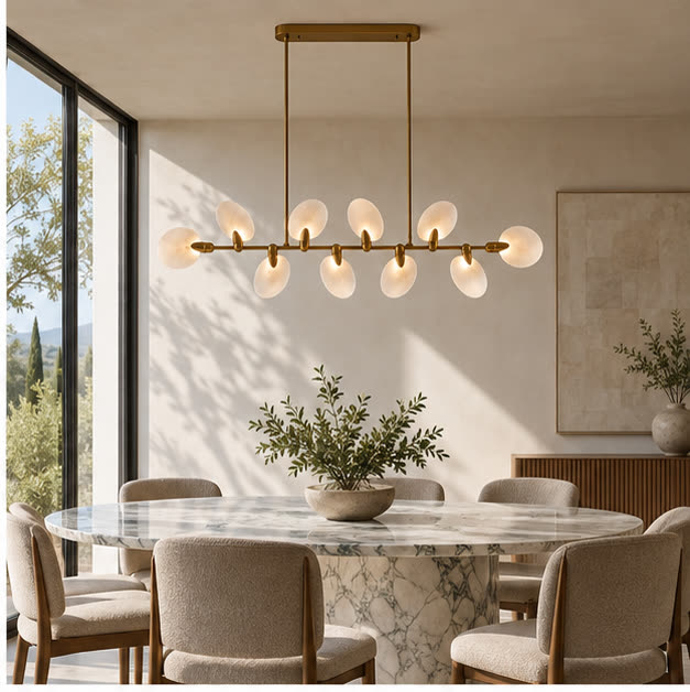 Atelier Velmora chandelier above a marble dining table