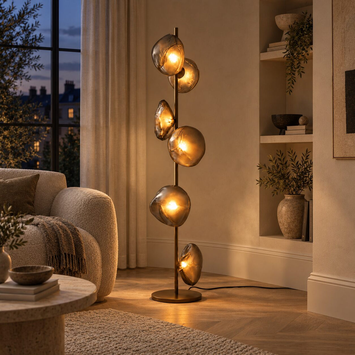 Auralis Gold and Smoky Grey Glass Floor Lamp in a warm living room