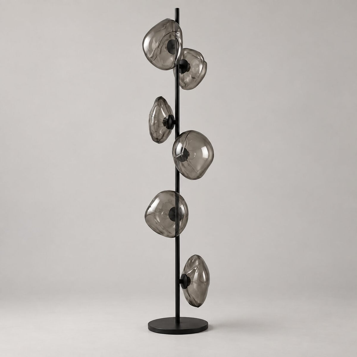 Rear three-quarter view of Auralis Black and Smoky Grey Glass Floor Lamp