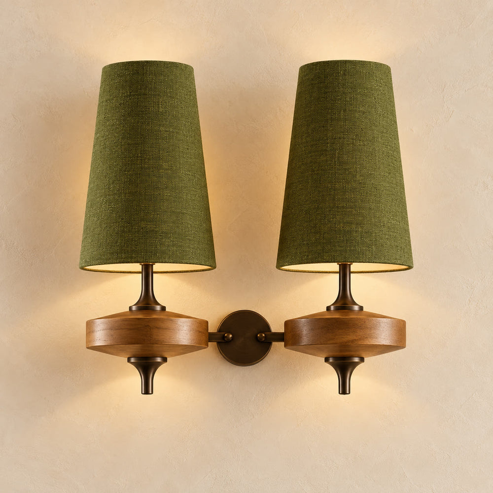 Auralis dual khaki fabric wall lamp with natural wood centre