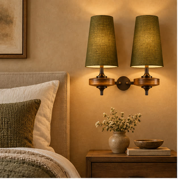 Auralis dual khaki wall lamp above a bedside table