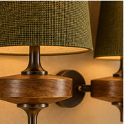 Olive-khaki fabric weave, wood grain and bronze detail