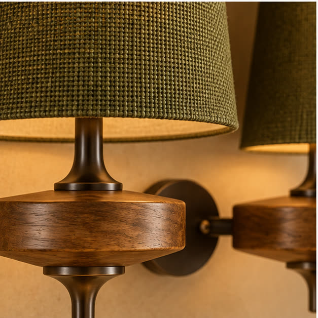 Olive-khaki fabric weave, wood grain and bronze detail