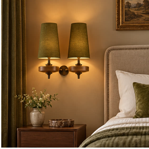 Auralis dual khaki wall lamp in a hotel bedroom