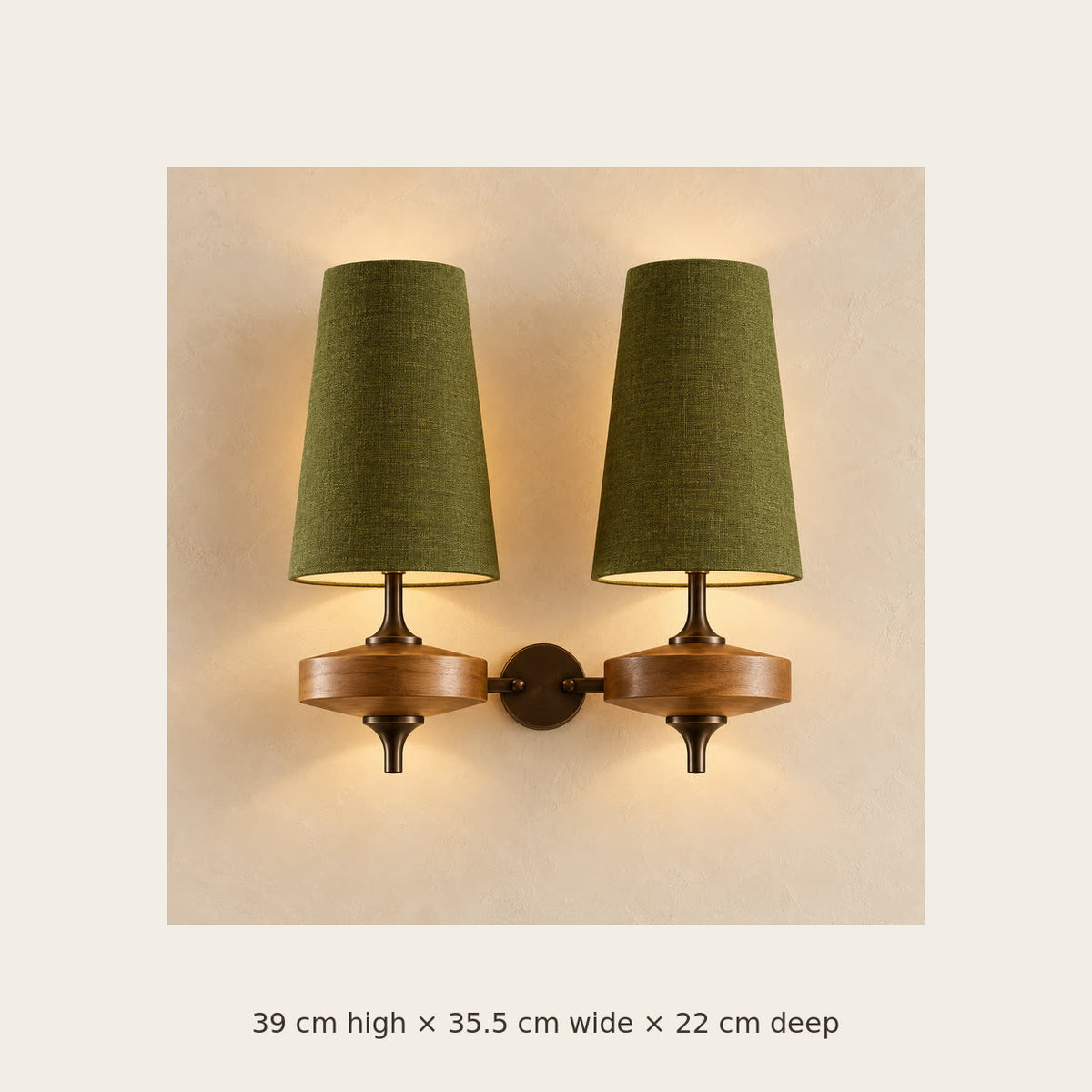 Auralis Dual Khaki Fabric Wall Lamp dimensions: 39 by 35.5 by 22 centimetres