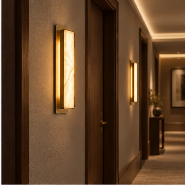 Auralis marble wall lights in a hotel corridor