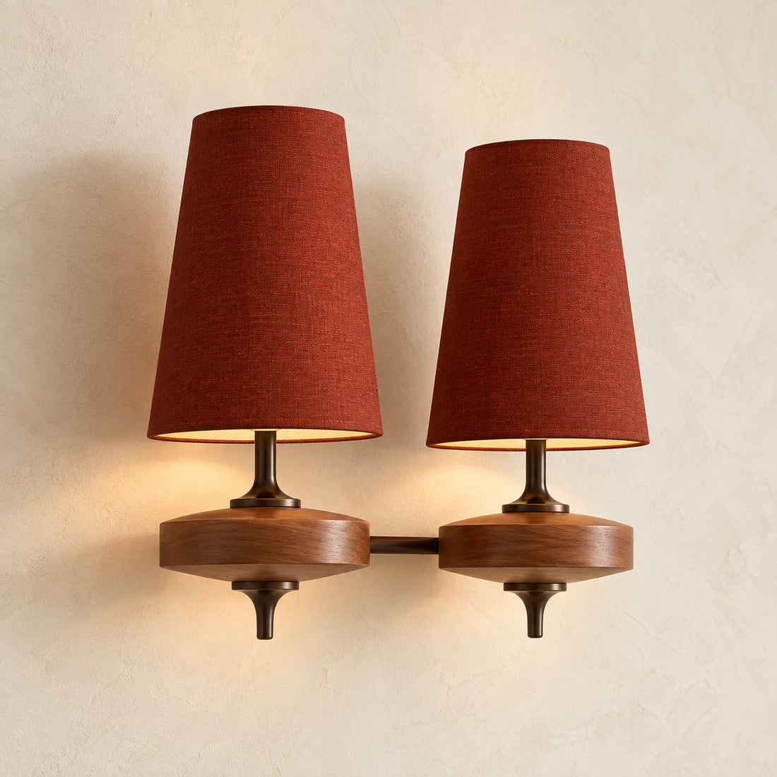 Auralis dual red fabric wall lamp with natural wood centre