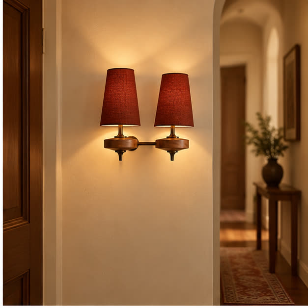 Auralis dual red fabric wall lamp in a hallway