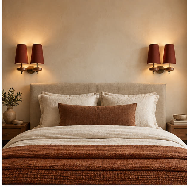 Auralis dual red wall lamps in a hotel bedroom