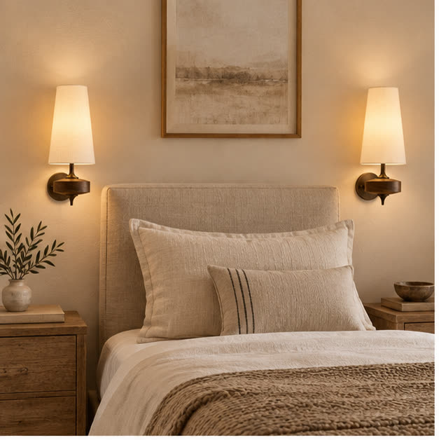 Pair of Auralis fabric wall lights beside a bed