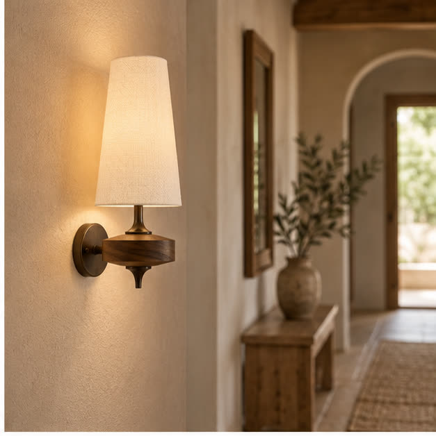 Auralis white fabric wall light in a hallway