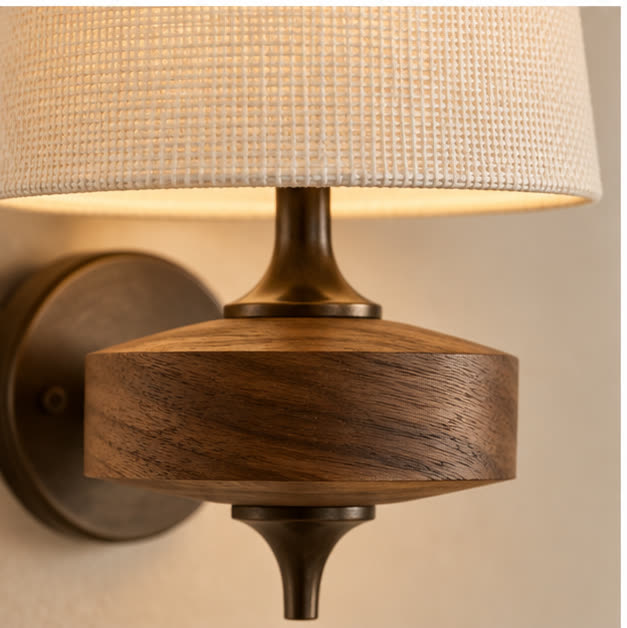 Close view of woven fabric shade and natural wood