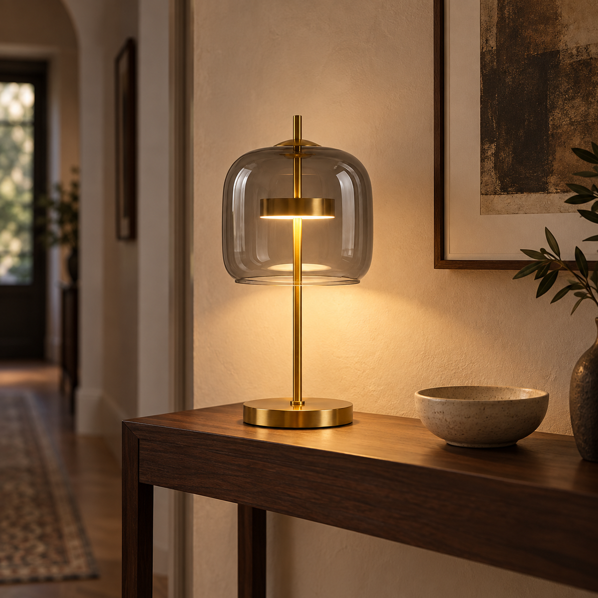 Aurelia Smoke Grey lamp casting warm light on a hallway console