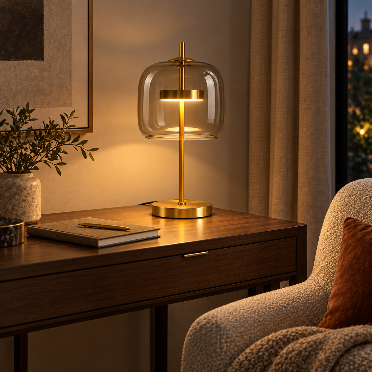 Aurelia lamp illuminating a warm reading corner