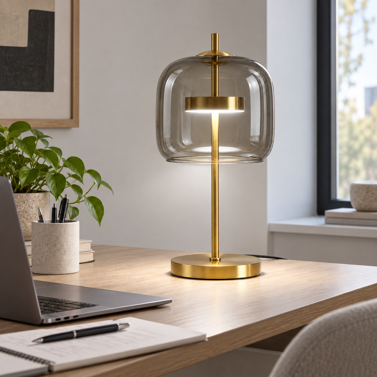 Aurelia Smoke Grey lamp in cold-white mode on a home-office desk