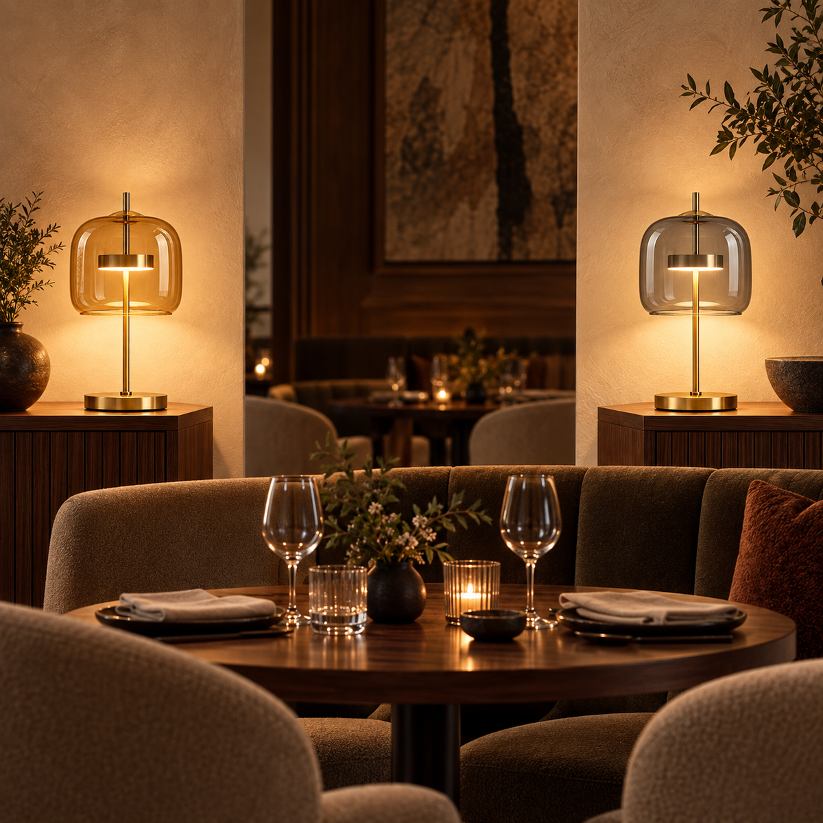 Amber and Smoke Grey Aurelia lamps in a restaurant lounge