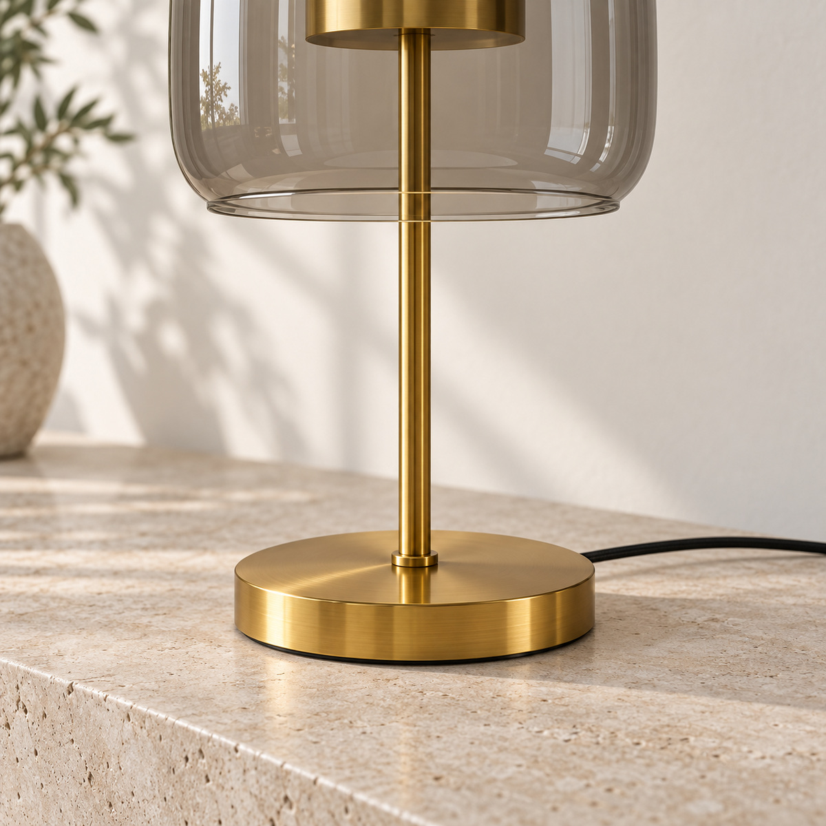 Aurelia plated-gold base, stem, glass edge and mains cord detail