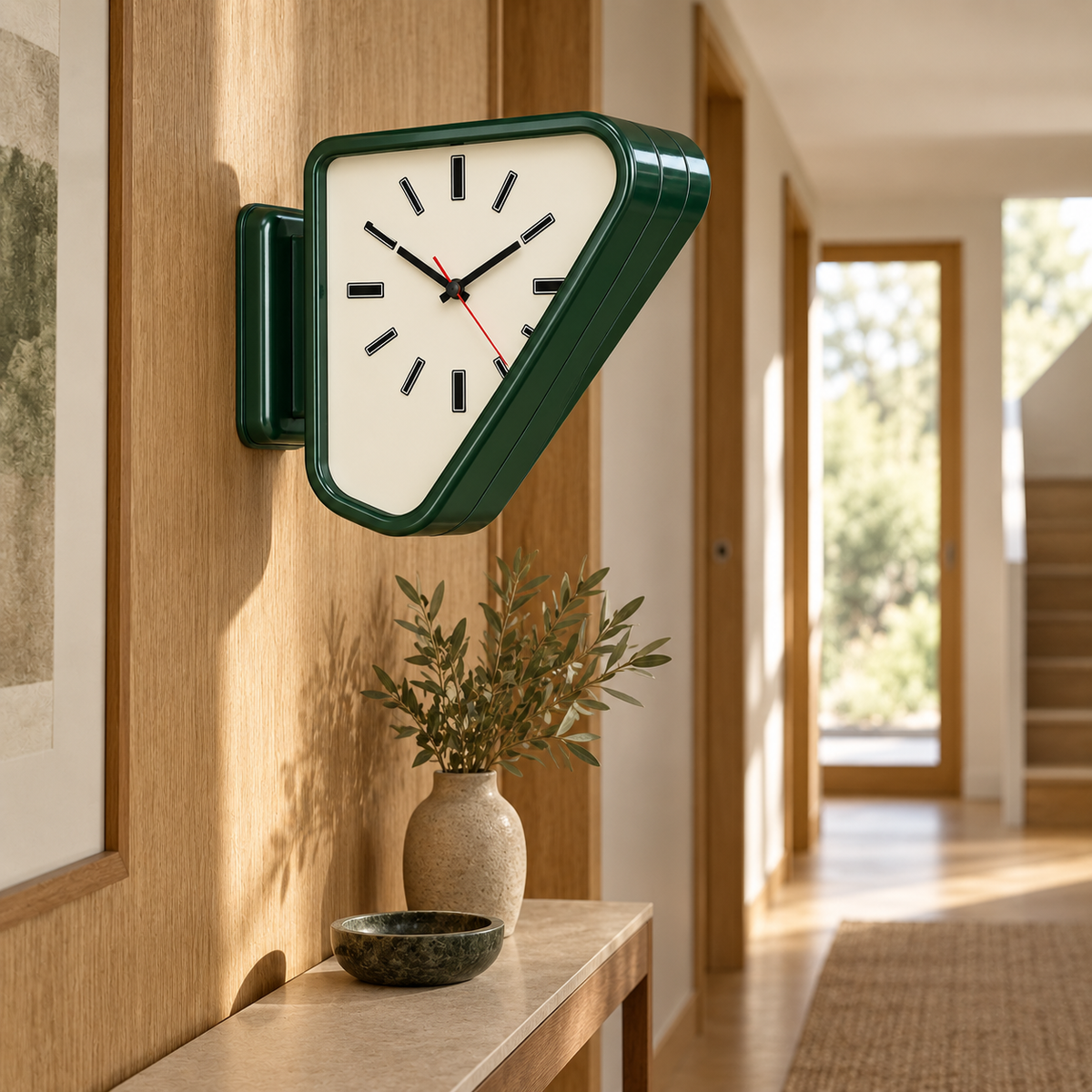 Forest green Aurelian dual-sided clock in a warm hallway