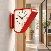 Red Aurelian dual-sided clock in a home office corridor