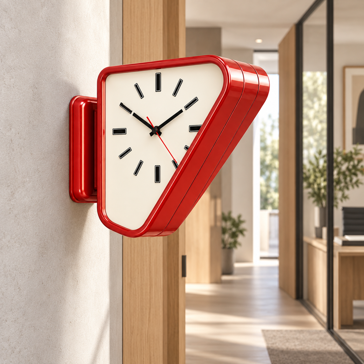 Red Aurelian dual-sided clock in a home office corridor