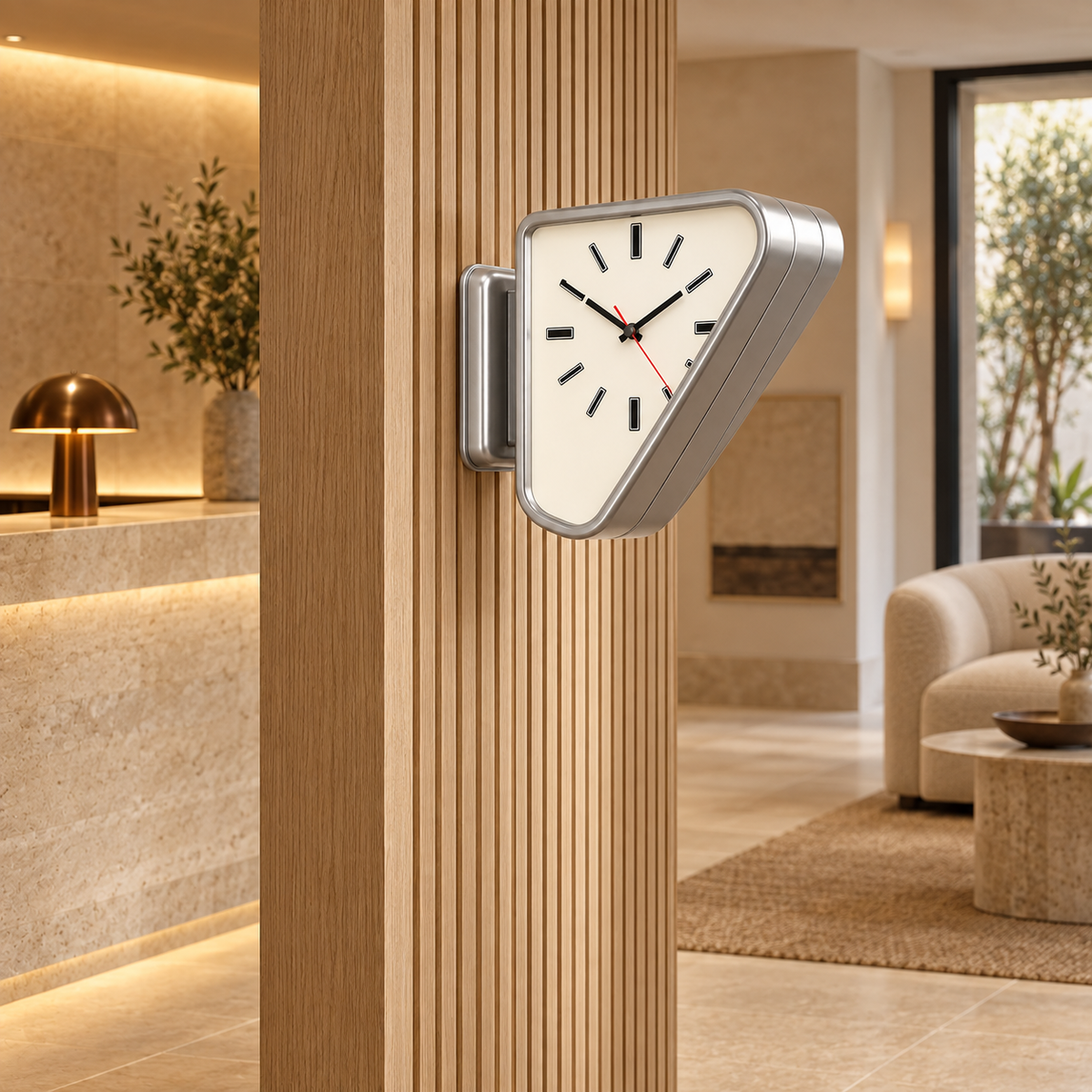 Silver Aurelian clock in a boutique hospitality passage