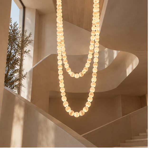 AuroMarble pendants cascading through a staircase