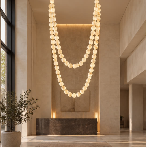 Layered AuroMarble pendants in a luxury lobby