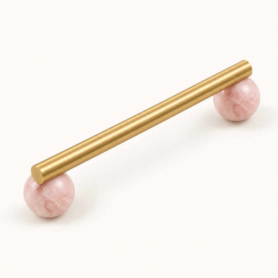 BlushStone marble and brass cabinet pull in blush pink on warm ivory