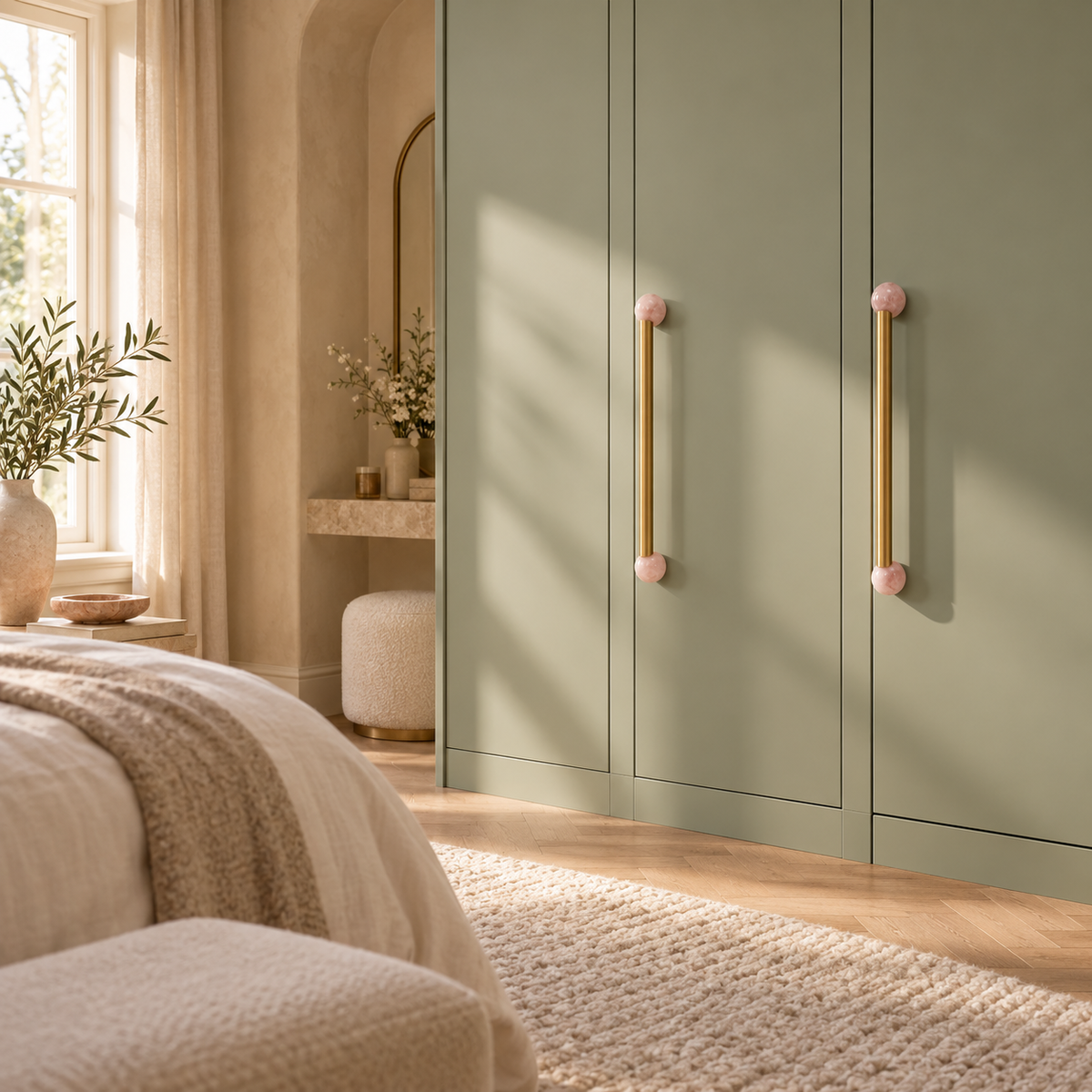 Blush pink BlushStone pulls on a sage fitted wardrobe