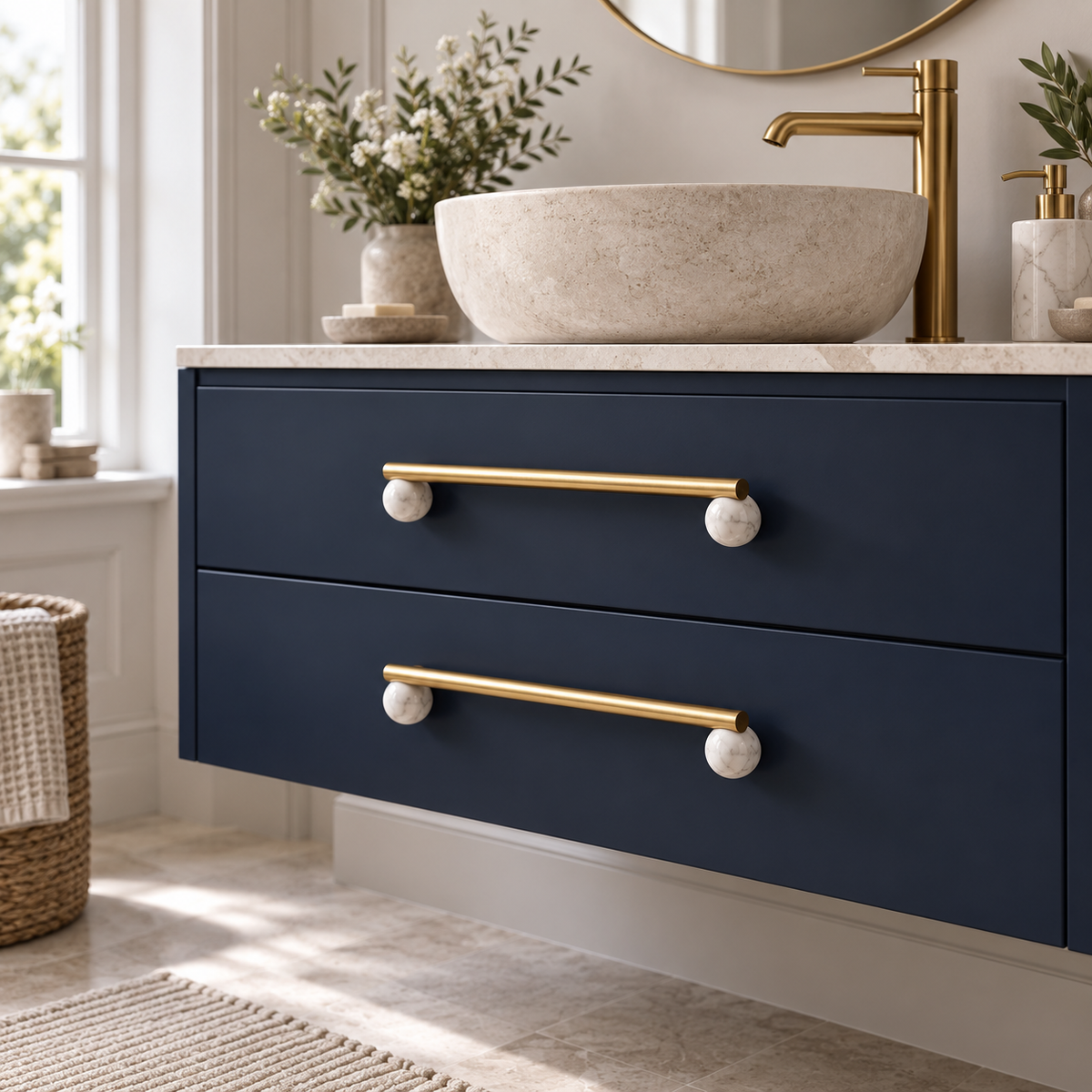 White marble BlushStone pulls on a navy bathroom vanity