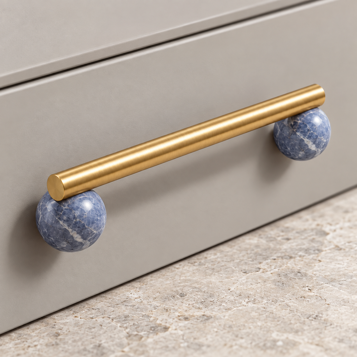 Blue marble BlushStone pull shown from the side for projection and grip