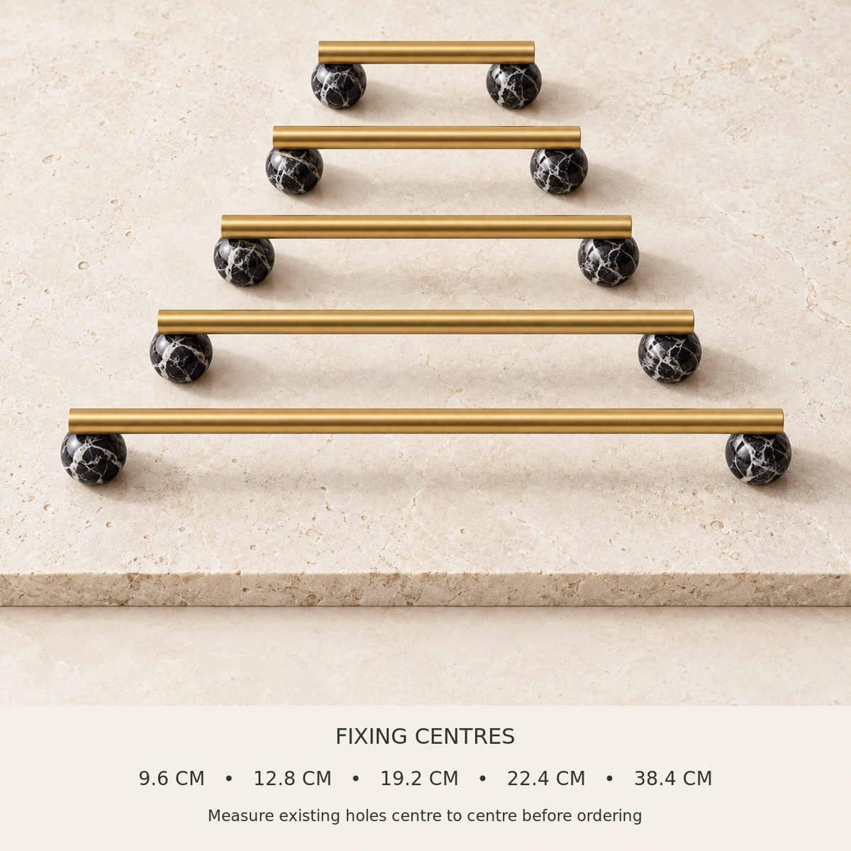 BlushStone pull fixing-centre size guide from 9.6 to 38.4 cm