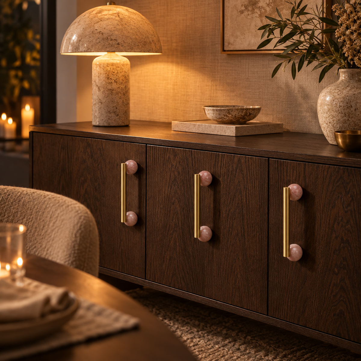 BlushStone pulls on a dark oak sideboard in warm evening light