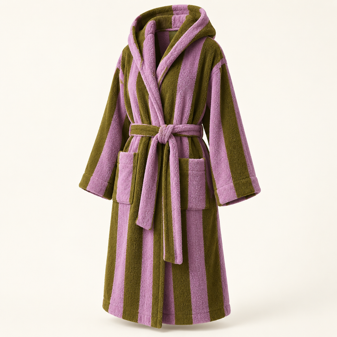 Bold Stripe organic cotton bathrobe in Pink and Brown on an ivory background