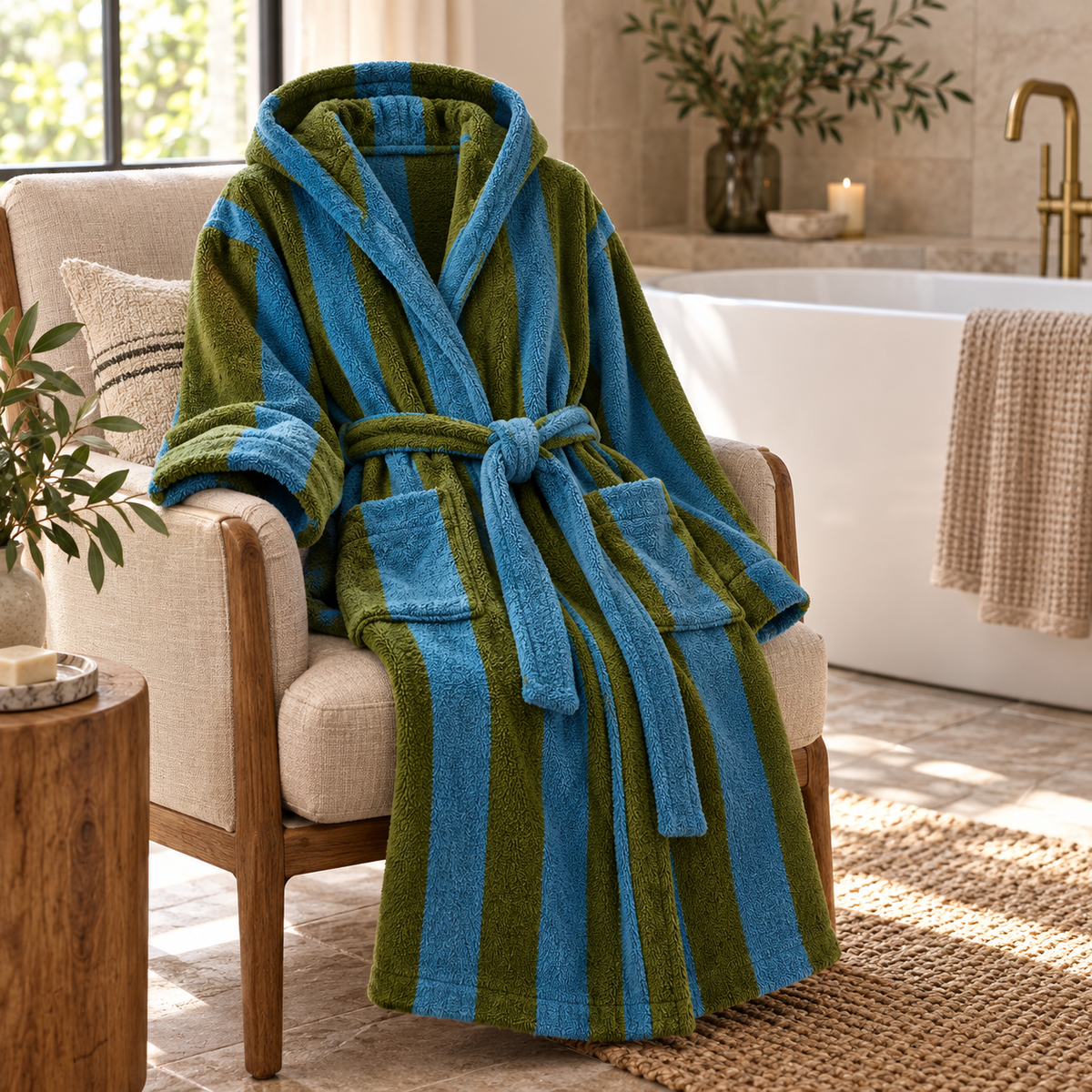 Blue and Green Bold Stripe bathrobe draped beside a bath