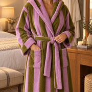 Bold Stripe bathrobe patch pocket and matching belt detail