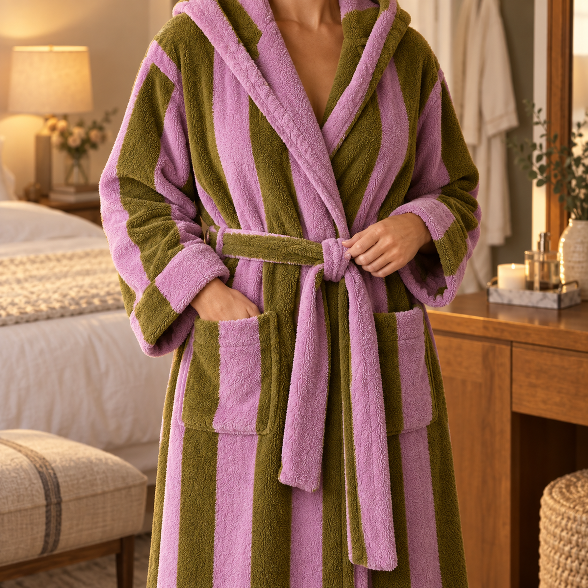 Bold Stripe bathrobe patch pocket and matching belt detail